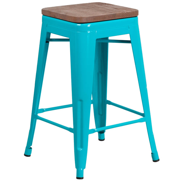 Crystal Teal-Blue |#| 24inch High Backless Crystal Teal-Blue Counter Height Stool with Square Wood Seat