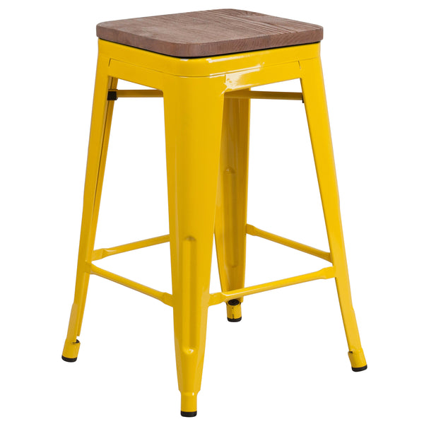 Yellow |#| 24inch High Backless Yellow Metal Counter Height Stool with Square Wood Seat