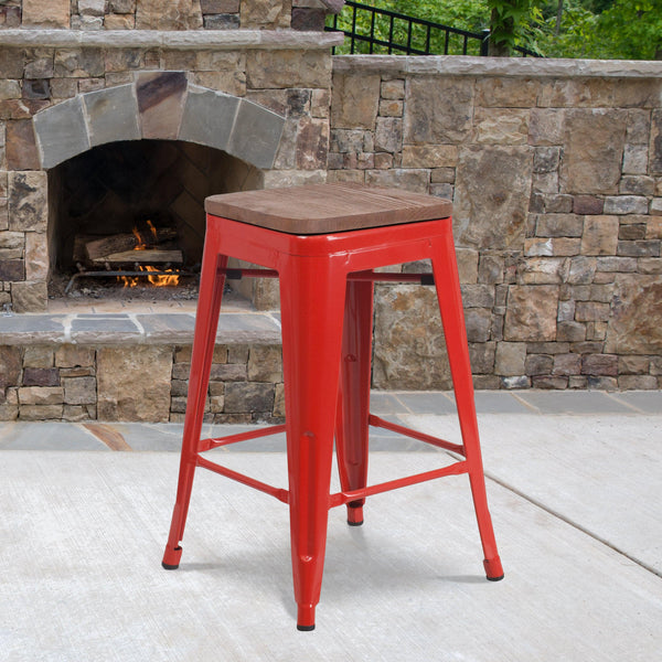 Red |#| 24inch High Backless Red Metal Counter Height Stool with Square Wood Seat