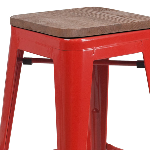 Red |#| 24inch High Backless Red Metal Counter Height Stool with Square Wood Seat