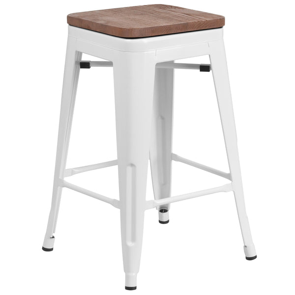 White |#| 24inch High Backless White Metal Counter Height Stool with Square Wood Seat