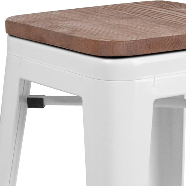 White |#| 24inch High Backless White Metal Counter Height Stool with Square Wood Seat