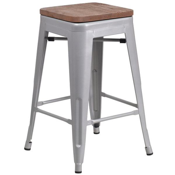 Silver |#| 24inch High Backless Silver Metal Counter Height Stool with Square Wood Seat