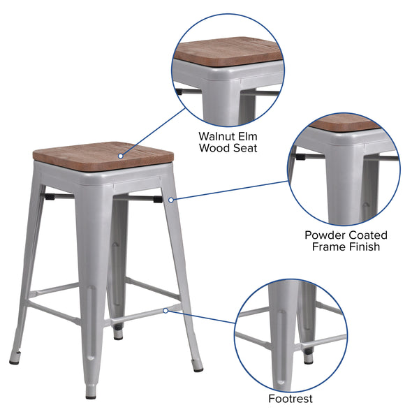 Silver |#| 24inch High Backless Silver Metal Counter Height Stool with Square Wood Seat