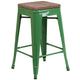 Green |#| 24inch High Backless Green Metal Counter Height Stool with Square Wood Seat