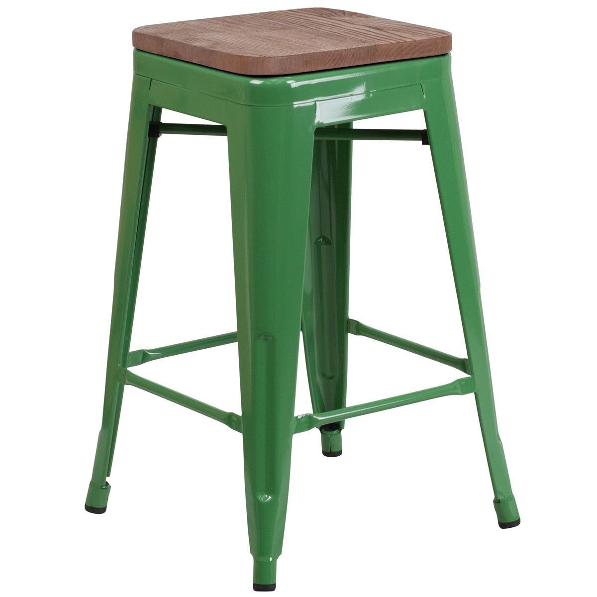 Green |#| 24inch High Backless Green Metal Counter Height Stool with Square Wood Seat