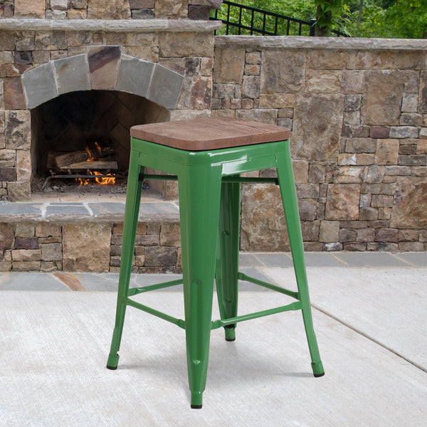 Green |#| 24inch High Backless Green Metal Counter Height Stool with Square Wood Seat