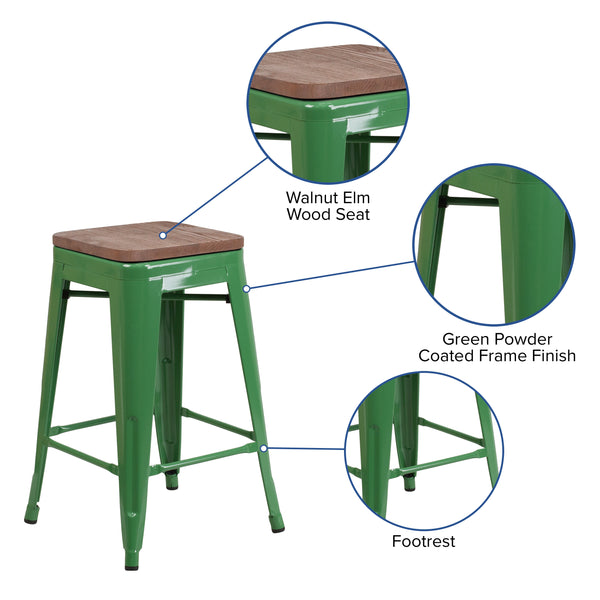 Green |#| 24inch High Backless Green Metal Counter Height Stool with Square Wood Seat