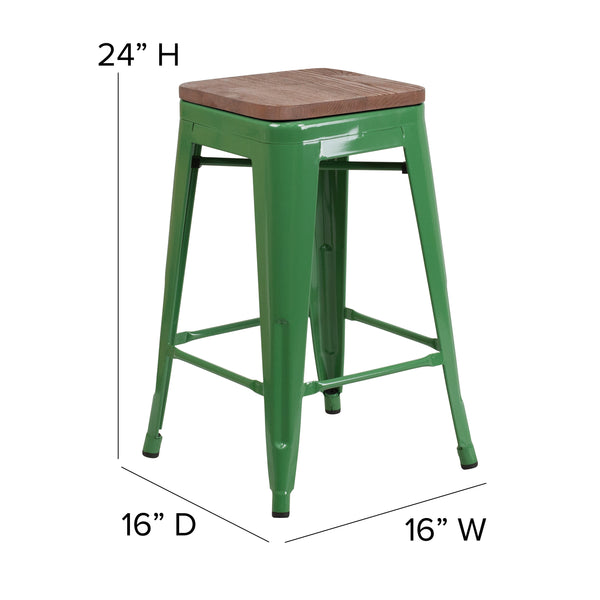 Green |#| 24inch High Backless Green Metal Counter Height Stool with Square Wood Seat