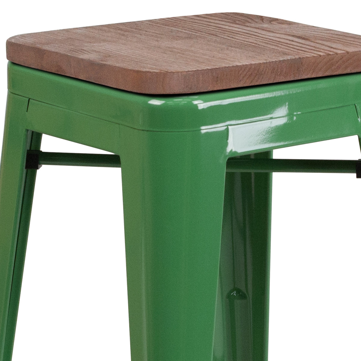 Green |#| 24inch High Backless Green Metal Counter Height Stool with Square Wood Seat