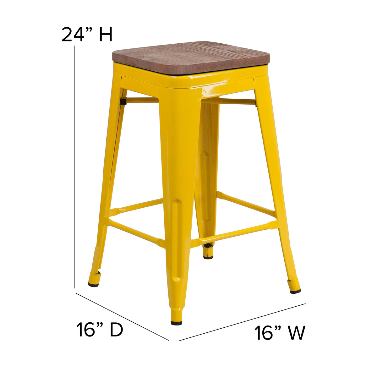 Yellow |#| 24inch High Backless Yellow Metal Counter Height Stool with Square Wood Seat