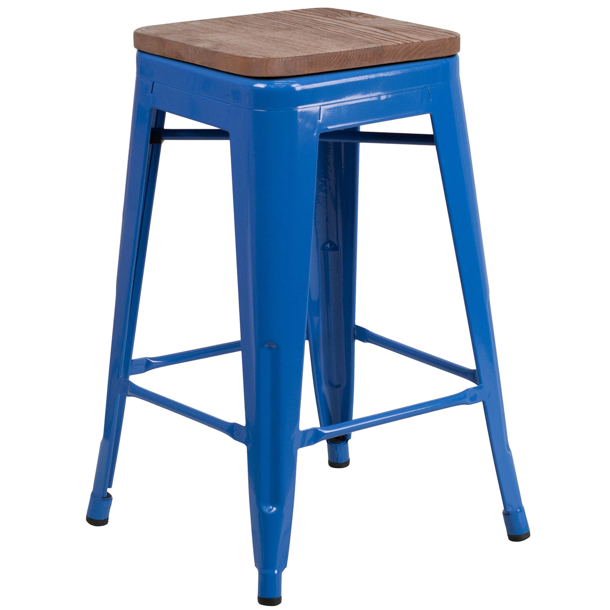 Blue |#| 24inch High Backless Blue Metal Counter Height Stool with Square Wood Seat