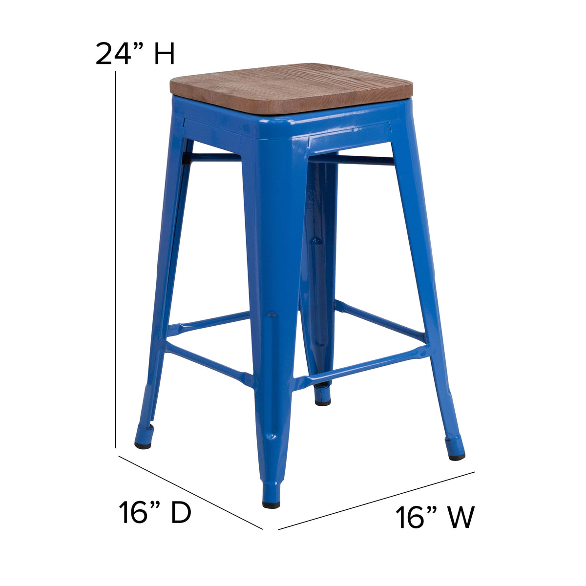 Blue |#| 24inch High Backless Blue Metal Counter Height Stool with Square Wood Seat