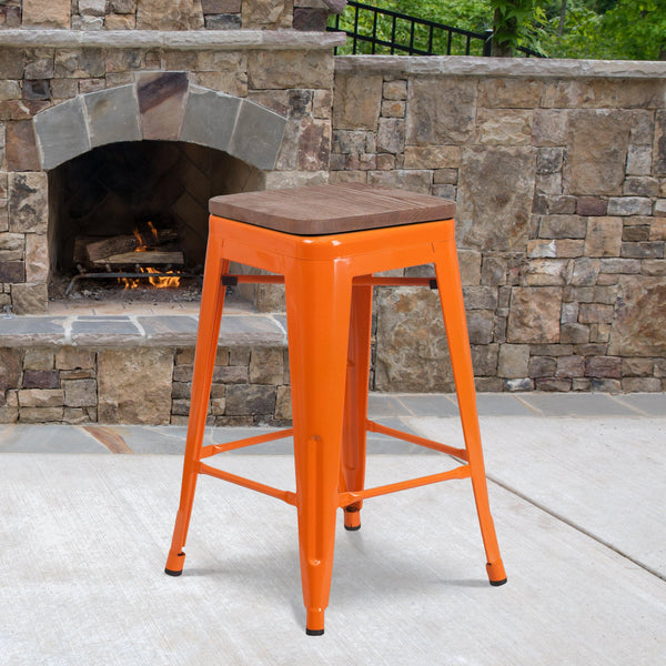 Orange |#| 24inch High Backless Orange Metal Counter Height Stool with Square Wood Seat