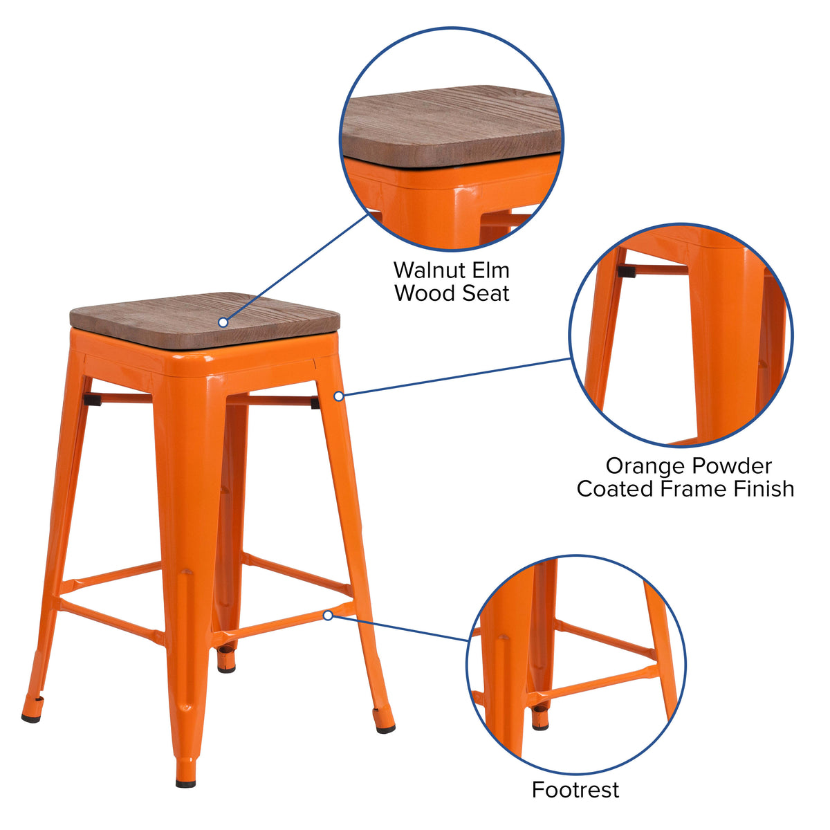 Orange |#| 24inch High Backless Orange Metal Counter Height Stool with Square Wood Seat