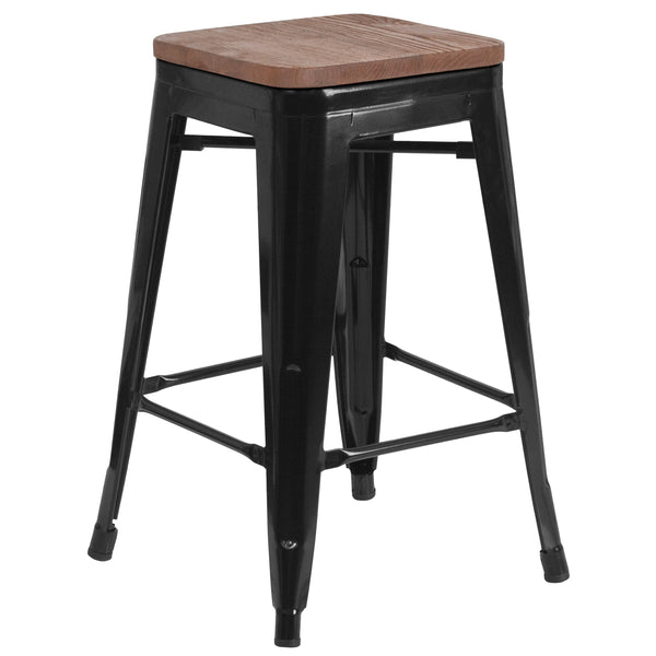 Black |#| 24inch High Backless Black Metal Counter Height Stool with Square Wood Seat