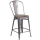 24inch High Clear Coated Counter Height Stool with Back and Wood Seat
