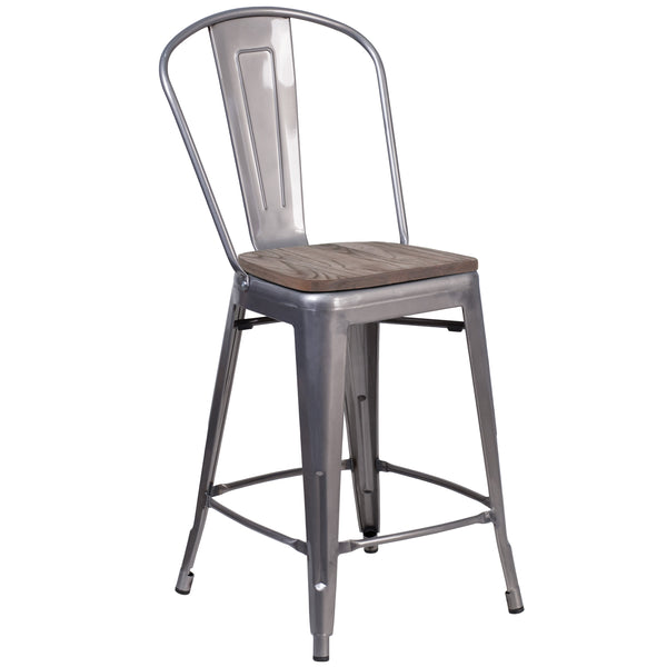 24inch High Clear Coated Counter Height Stool with Back and Wood Seat