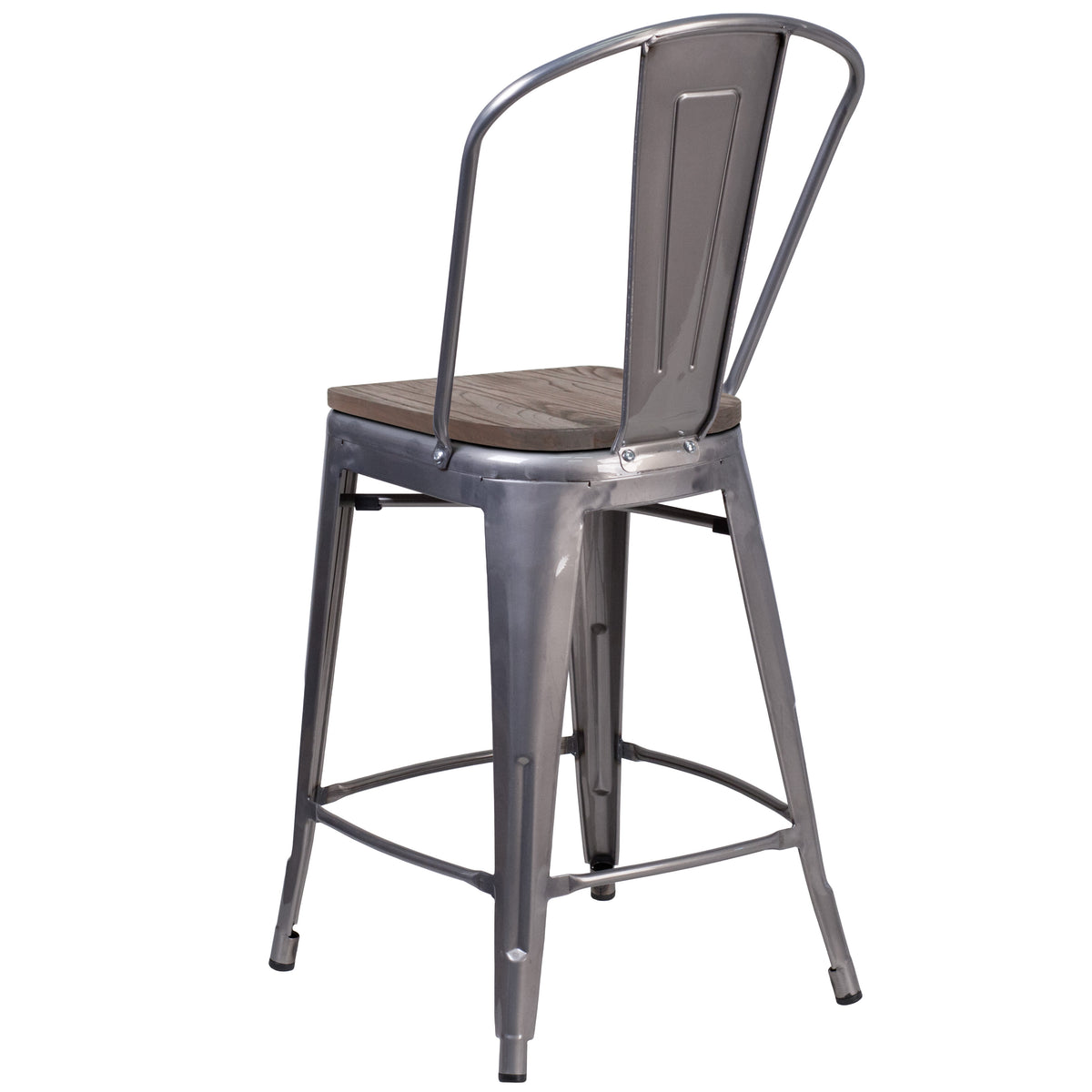 24inch High Clear Coated Counter Height Stool with Back and Wood Seat