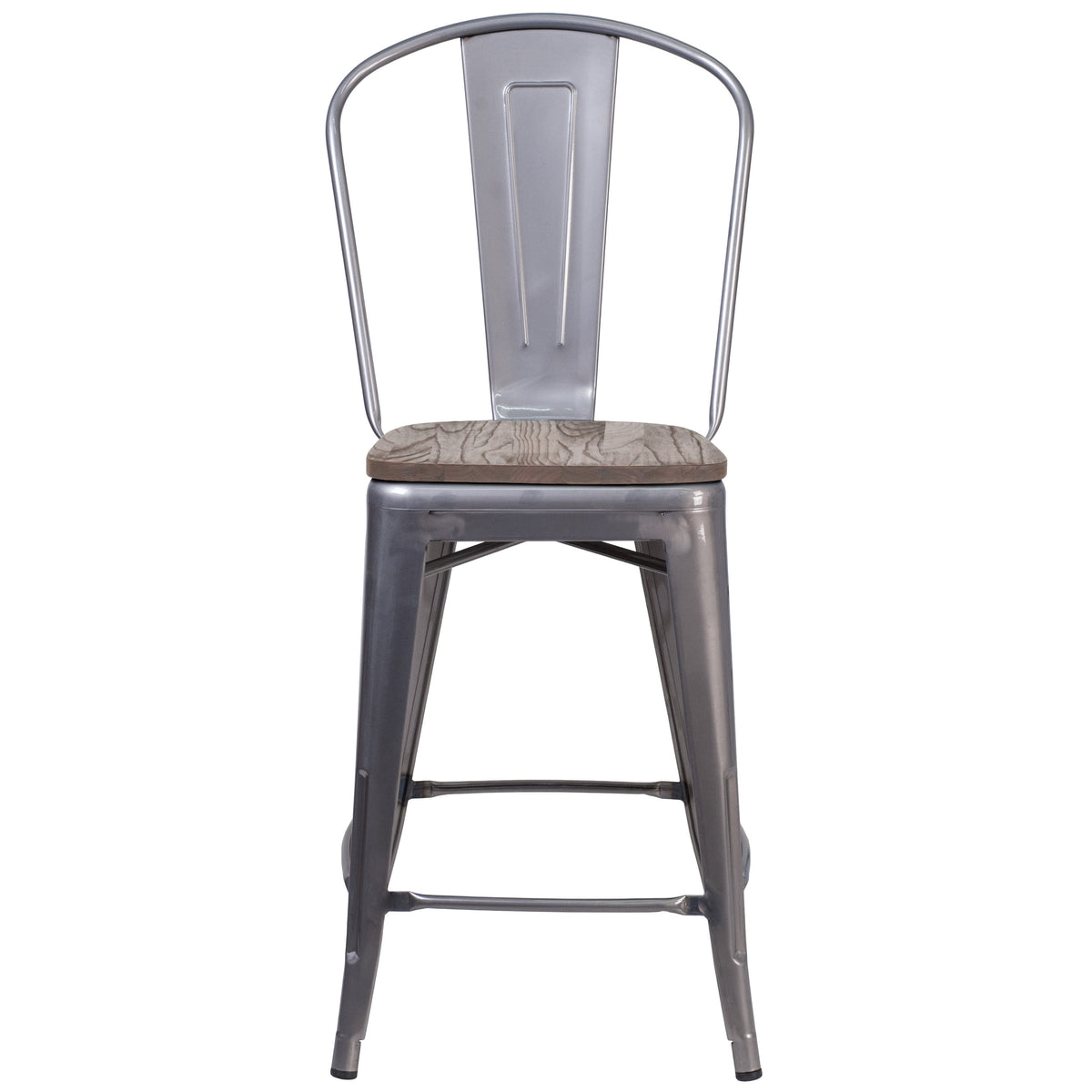 24inch High Clear Coated Counter Height Stool with Back and Wood Seat