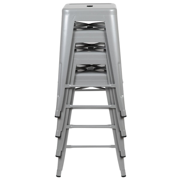 Silver |#| 4 Pack 24inch High Metal Indoor Counter Bar Stool - Stackable Stool, Silver