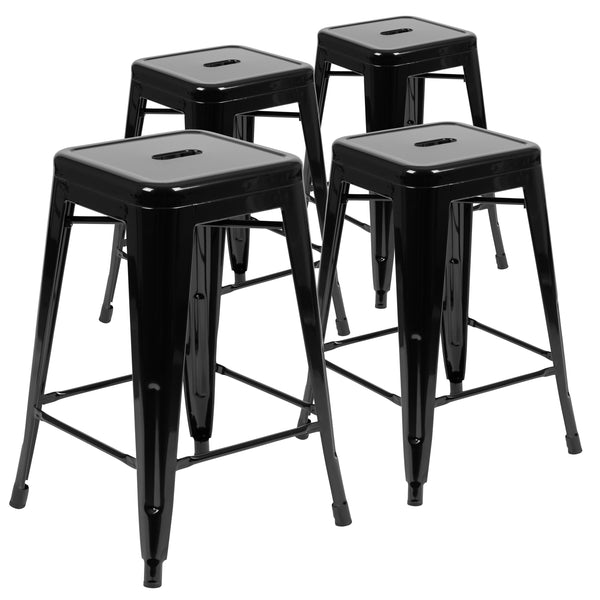 Black |#| 4 Pack 24inch High Metal Indoor Counter Bar Stool - Stackable Stool, Black