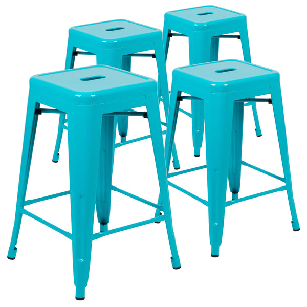 Teal |#| 4 Pack 24inch High Metal Indoor Counter Bar Stool - Stackable Stool, Teal