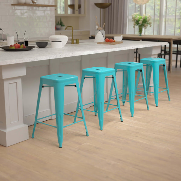 Teal |#| 4 Pack 24inch High Metal Indoor Counter Bar Stool - Stackable Stool, Teal