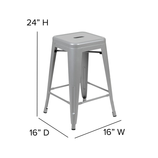 Silver |#| 4 Pack 24inch High Metal Indoor Counter Bar Stool - Stackable Stool, Silver