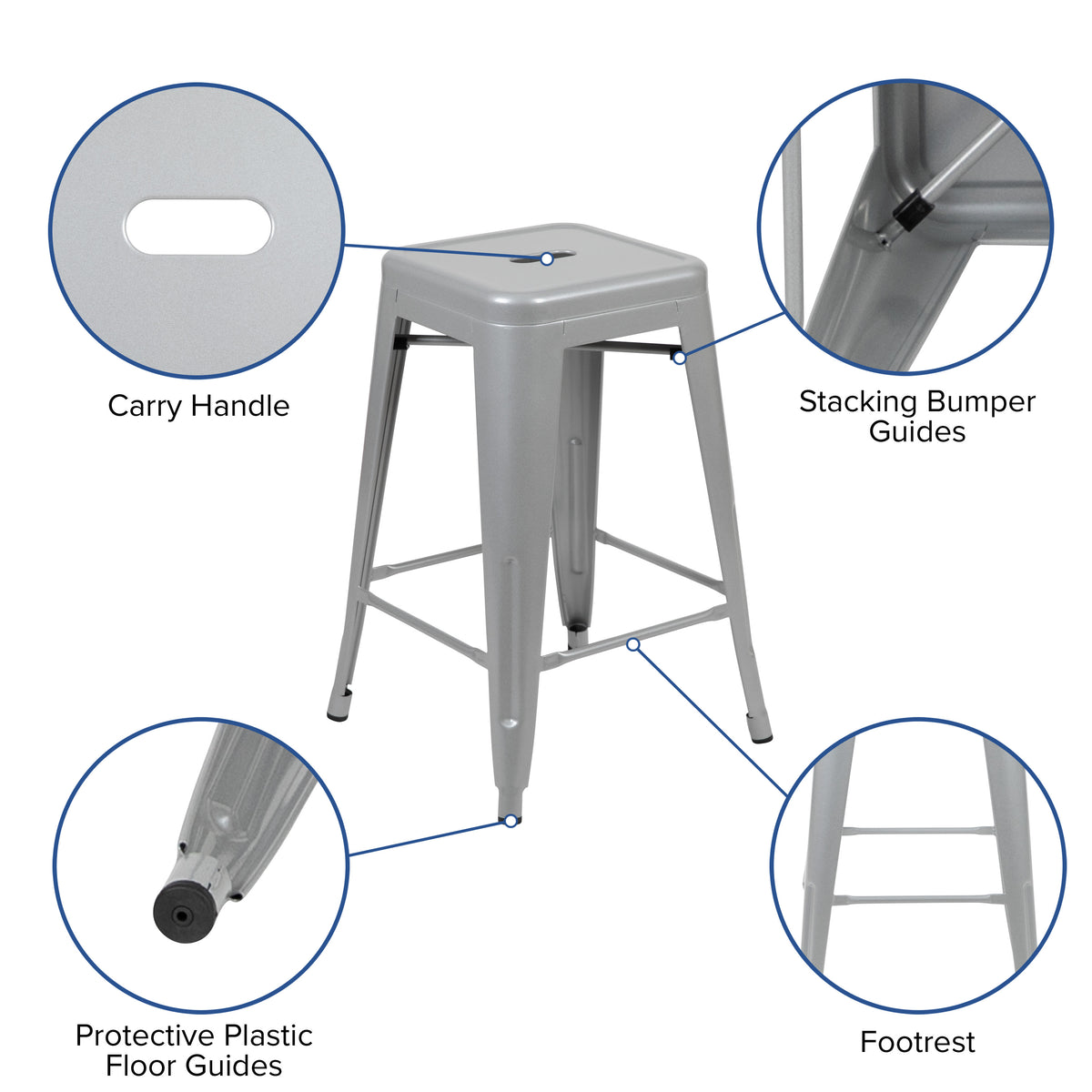 Silver |#| 4 Pack 24inch High Metal Indoor Counter Bar Stool - Stackable Stool, Silver