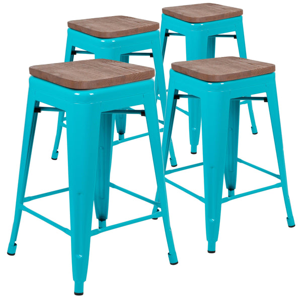 Teal |#| 4 Pack 24inch High Metal Indoor Counter Bar Stool - Stackable Stool, Teal