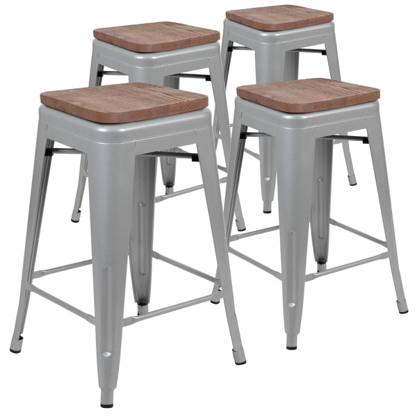 Silver |#| 4 Pack 24inch High Metal Indoor Counter Bar Stool - Stackable Stool, Silver