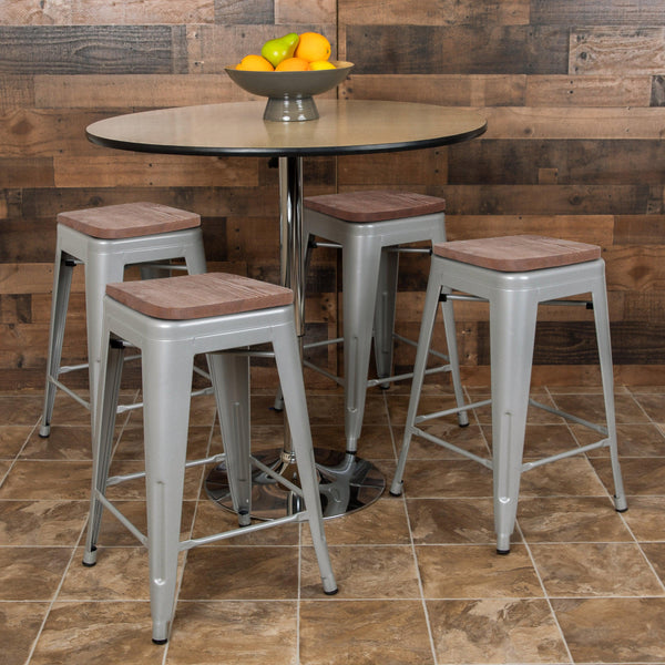 Silver |#| 4 Pack 24inch High Metal Indoor Counter Bar Stool - Stackable Stool, Silver