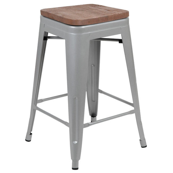 Silver |#| 4 Pack 24inch High Metal Indoor Counter Bar Stool - Stackable Stool, Silver