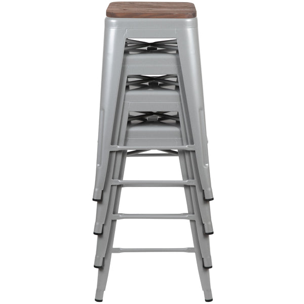 Silver |#| 4 Pack 24inch High Metal Indoor Counter Bar Stool - Stackable Stool, Silver