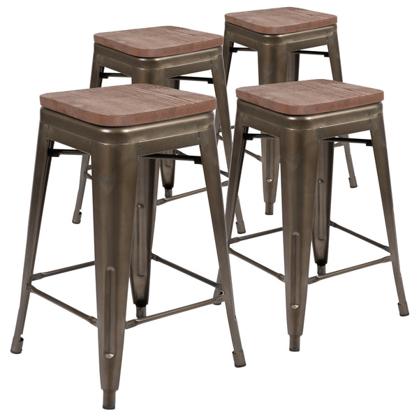 Gun Metal |#| 4 Pack 24inch High Metal Indoor Counter Bar Stool - Stackable Stool, Gun Metal Gray