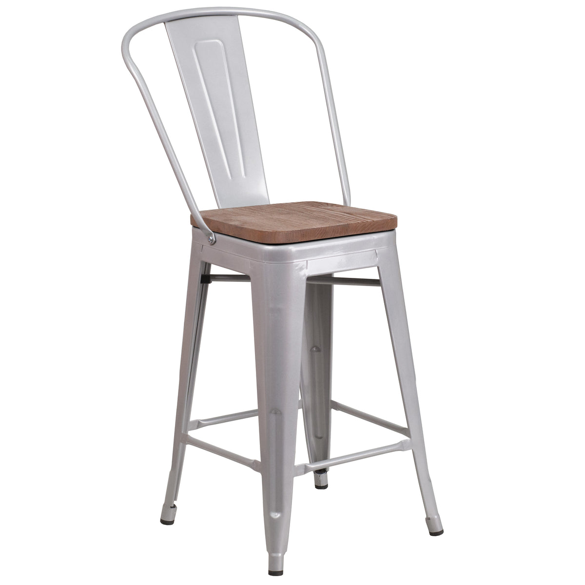 Silver |#| 24inch High Silver Metal Counter Height Stool with Back and Wood Seat