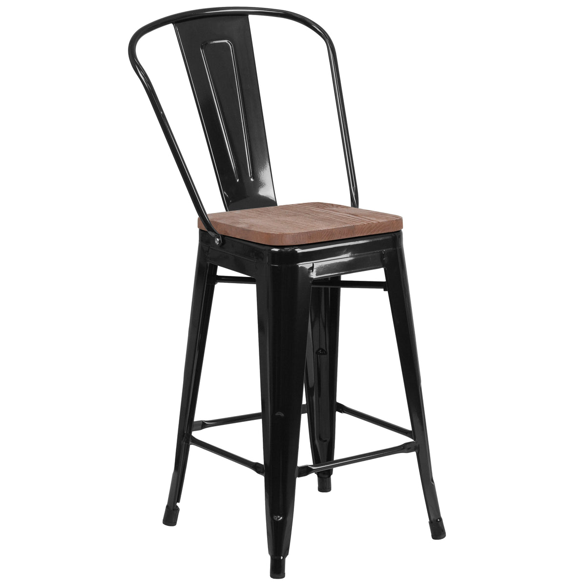 Black |#| 24inch High Black Metal Counter Height Stool with Back and Wood Seat