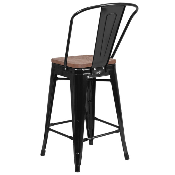 Black |#| 24inch High Black Metal Counter Height Stool with Back and Wood Seat