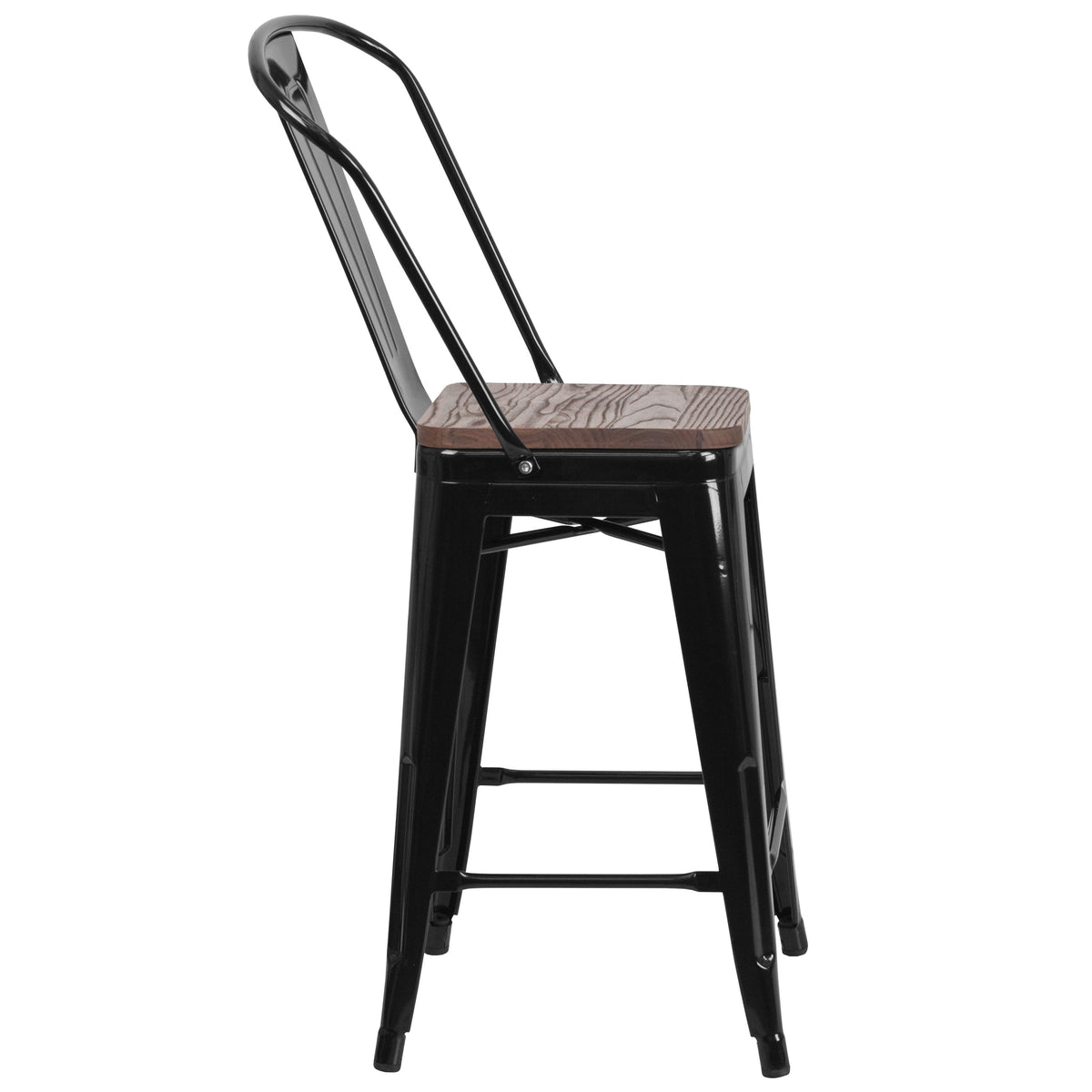 Black |#| 24inch High Black Metal Counter Height Stool with Back and Wood Seat