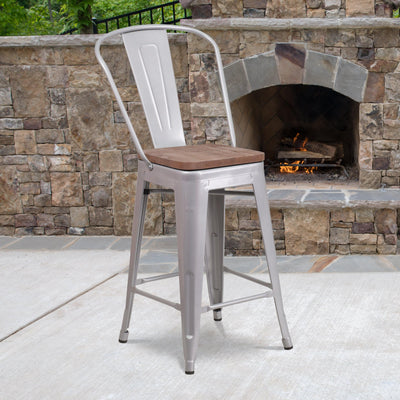 24" High Metal Counter Height Stool with Back and Wood Seat - View 2