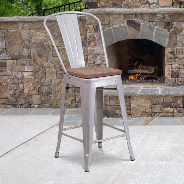 Silver |#| 24inch High Silver Metal Counter Height Stool with Back and Wood Seat