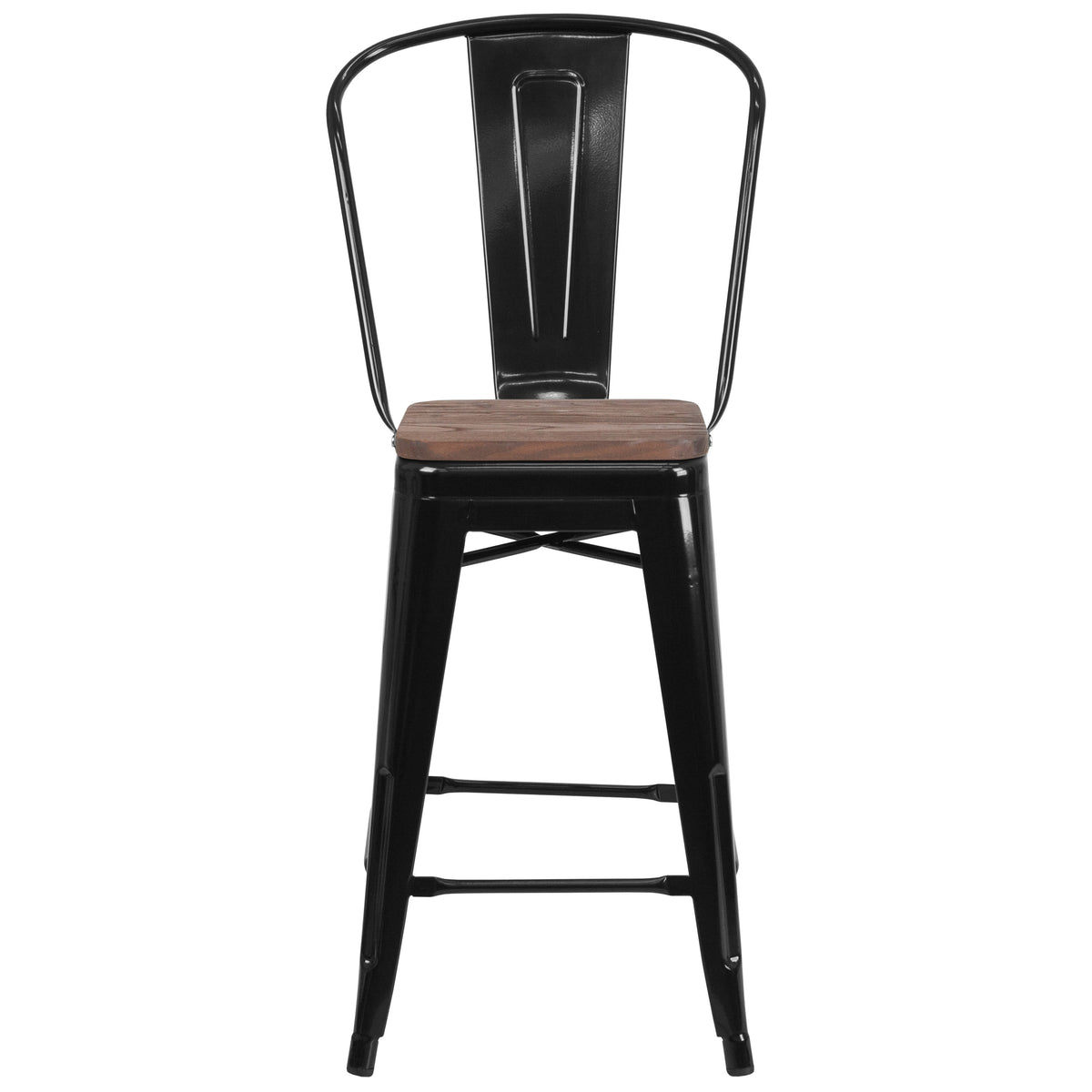 Black |#| 24inch High Black Metal Counter Height Stool with Back and Wood Seat