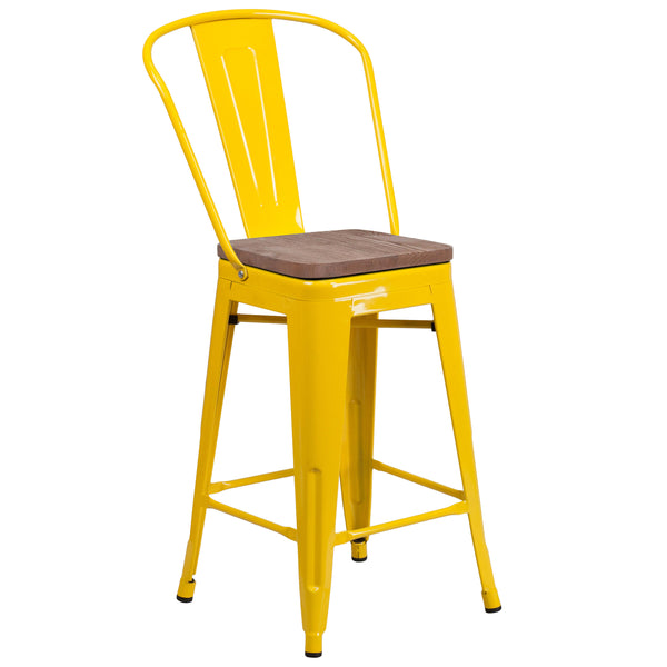 Yellow |#| 24inch High Yellow Metal Counter Height Stool with Back and Wood Seat