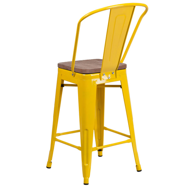 Yellow |#| 24inch High Yellow Metal Counter Height Stool with Back and Wood Seat