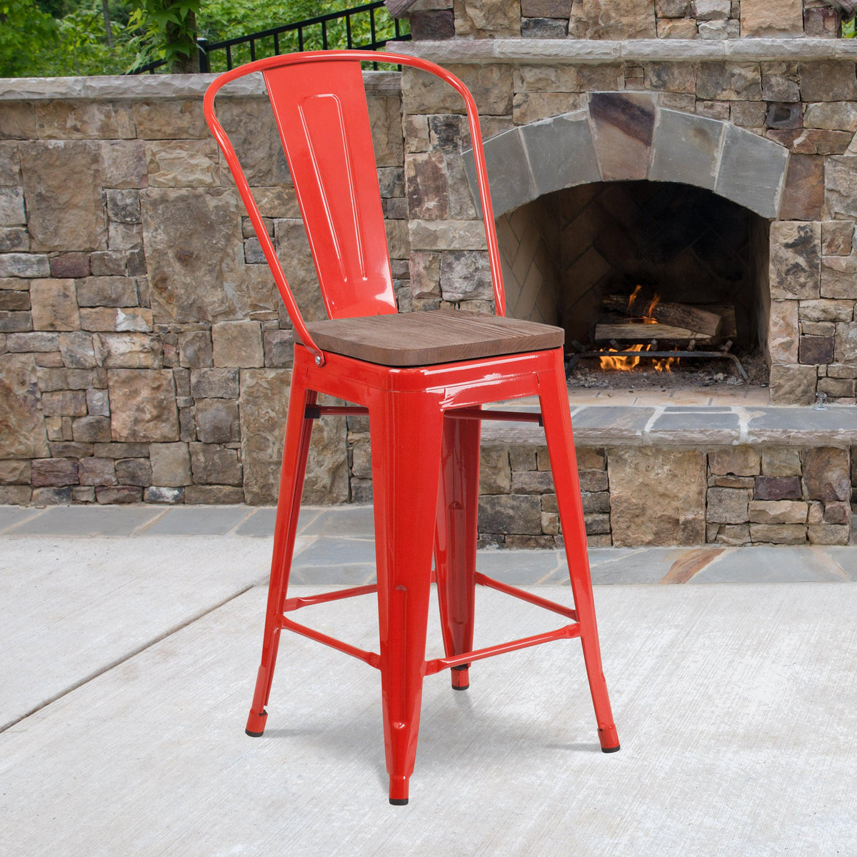 Red |#| 24inch High Red Metal Counter Height Stool with Back and Wood Seat