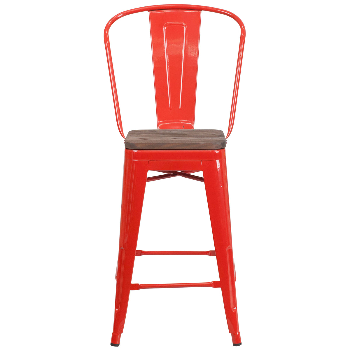 Red |#| 24inch High Red Metal Counter Height Stool with Back and Wood Seat