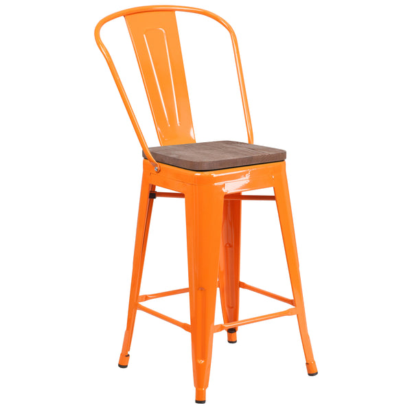 Orange |#| 24inch High Orange Metal Counter Height Stool with Back and Wood Seat