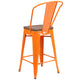 Orange |#| 24inch High Orange Metal Counter Height Stool with Back and Wood Seat
