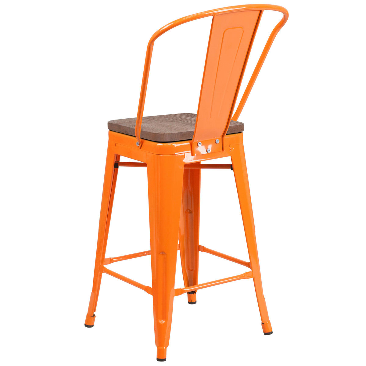 Orange |#| 24inch High Orange Metal Counter Height Stool with Back and Wood Seat